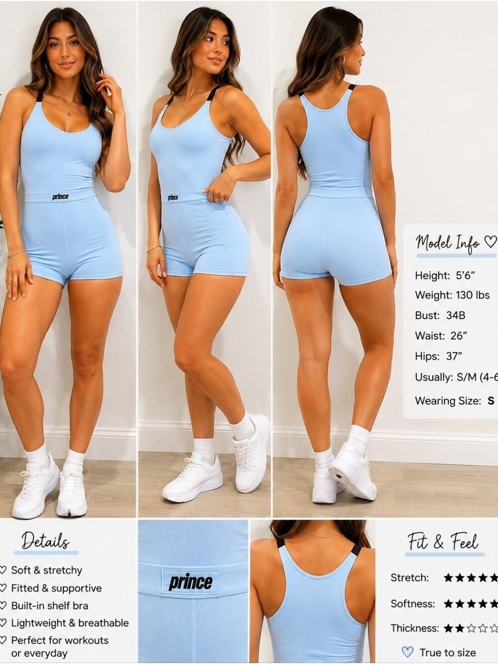 Prince Athletic Romper One-Piece Activewear Light Blue Size Medium NWOT